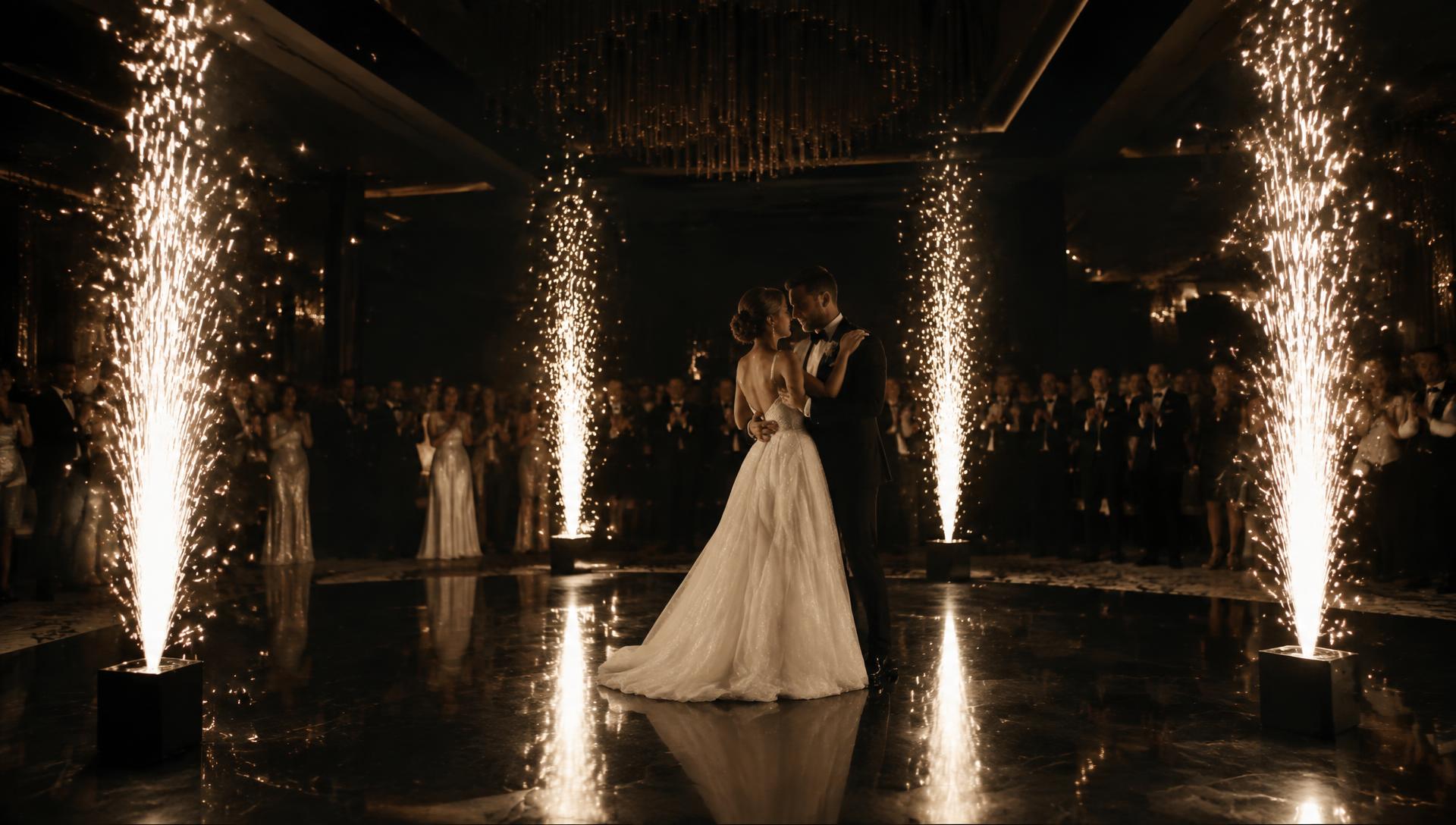 Couple sharing a first dance surrounded by special effects at a wedding reception
