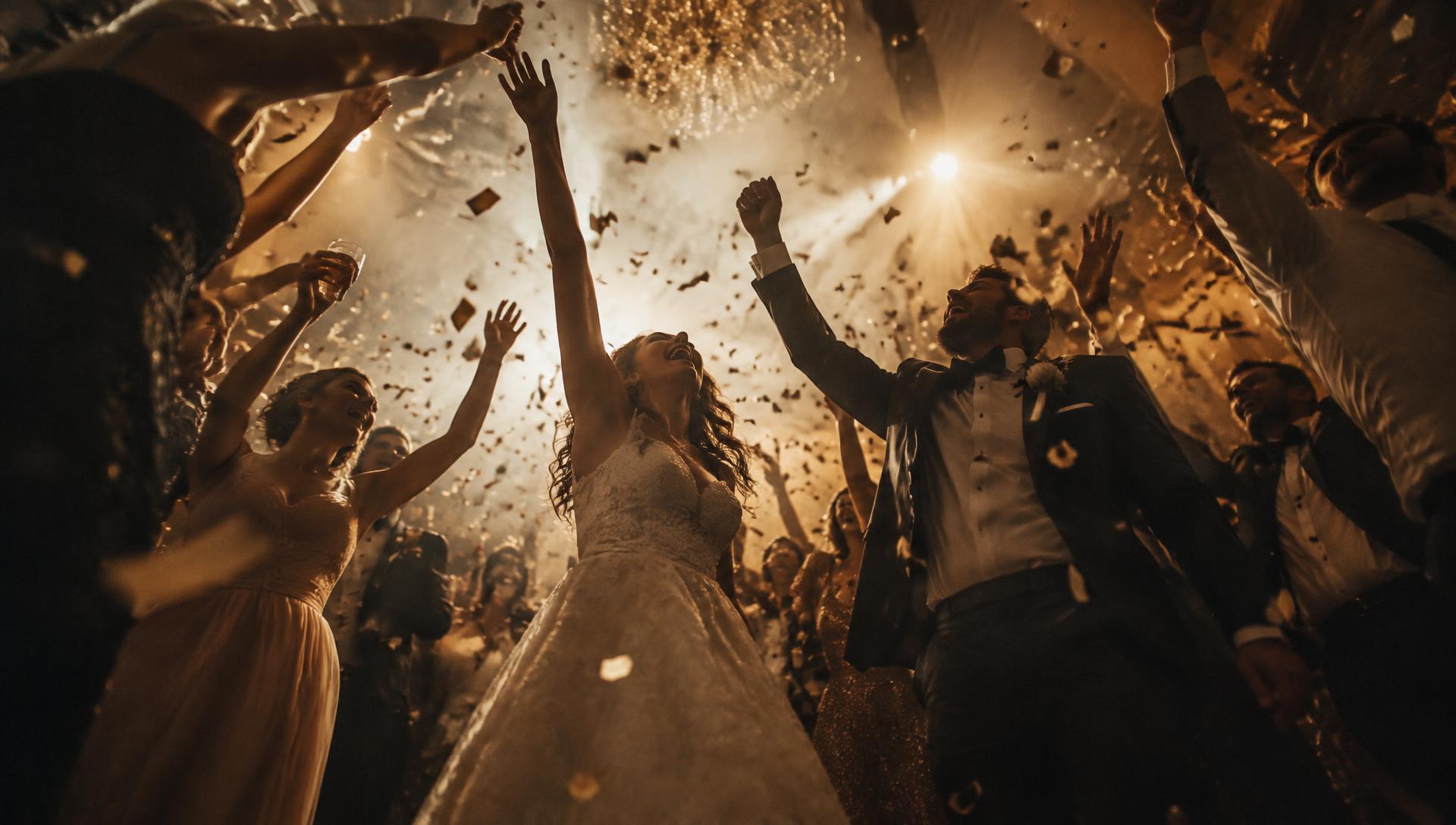 Wedding guests celebrating with hands in the air on a packed dance floor