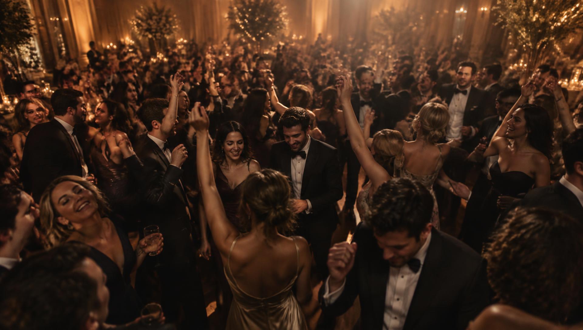 Packed wedding reception dance floor in Cleveland with guests dancing under warm lighting